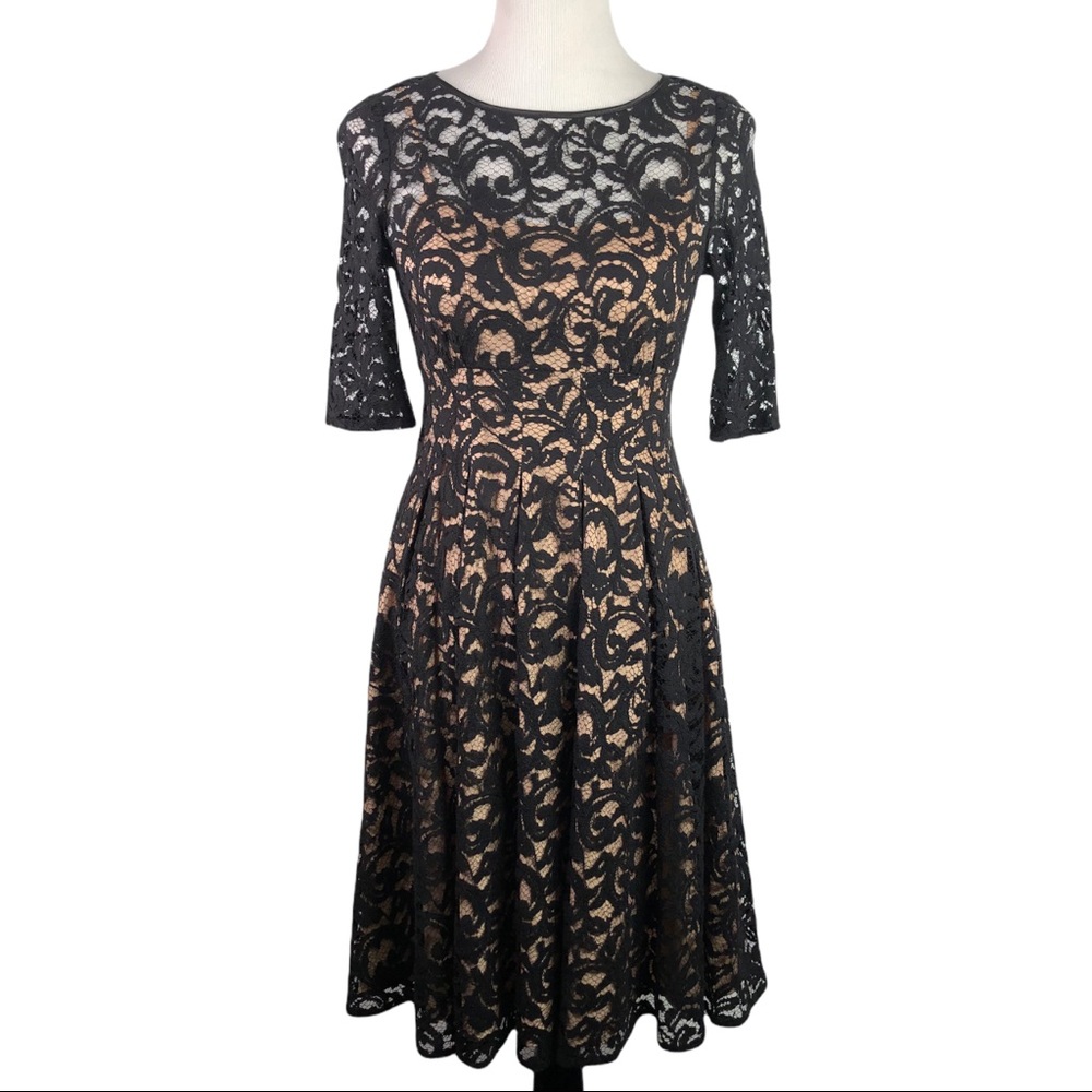 Adrianna Papell Black Lace & Nude Midi Cocktail Night Out Dress Women's Size 2